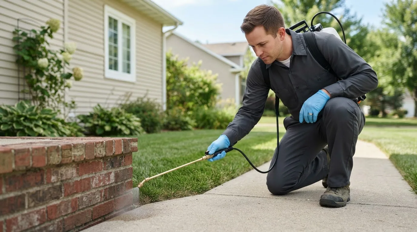 Pest control technician treating a home near Danby, VT